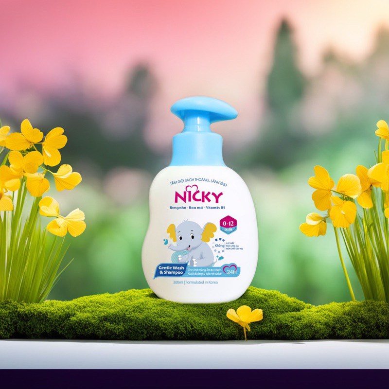 Tắm gội trẻ em Nicky Lành tính - Mềm mượt - Giữ ẩm và Thảo dược tắm gội trẻ em Nicky Rôm bay - Hết sảy - Khỏi hăm da 300