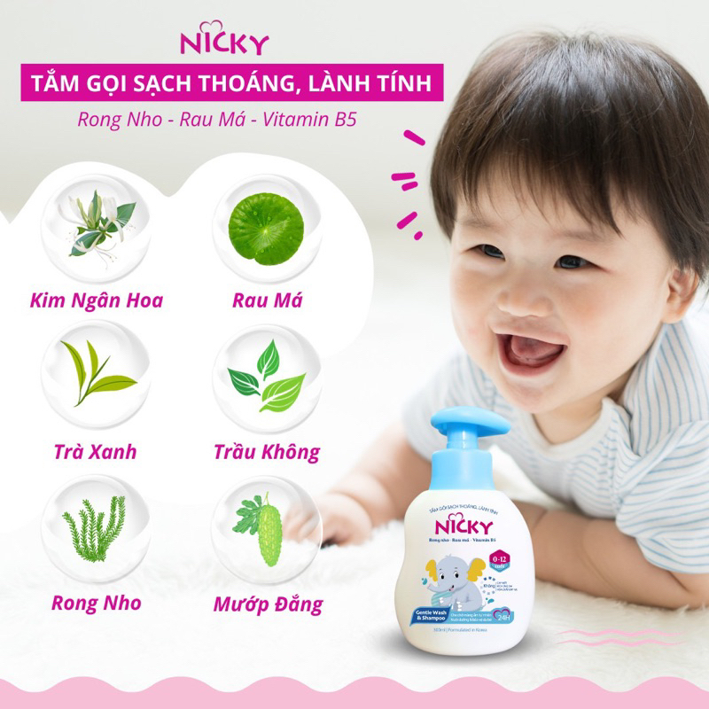 Tắm gội trẻ em Nicky Lành tính - Mềm mượt - Giữ ẩm và Thảo dược tắm gội trẻ em Nicky Rôm bay - Hết sảy - Khỏi hăm da 300