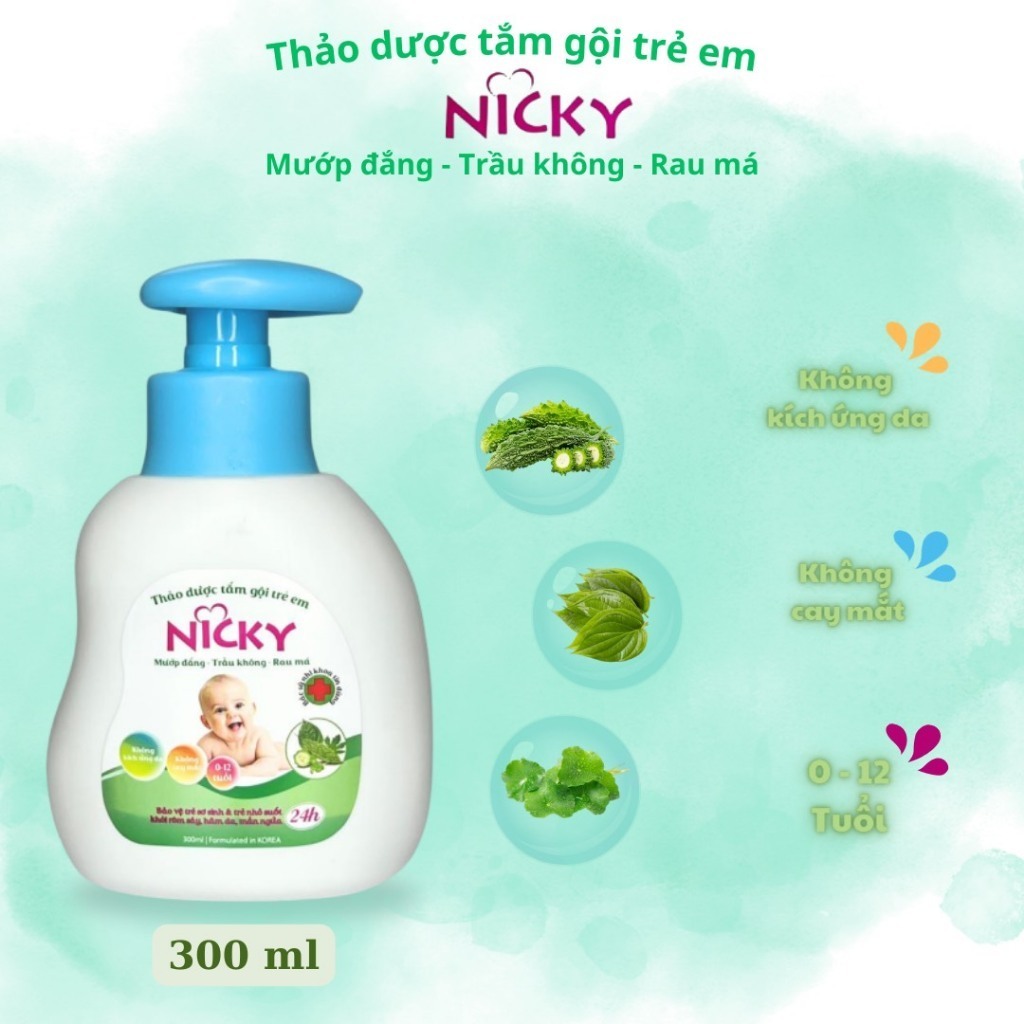 Tắm gội trẻ em Nicky Lành tính - Mềm mượt - Giữ ẩm và Thảo dược tắm gội trẻ em Nicky Rôm bay - Hết sảy - Khỏi hăm da 300