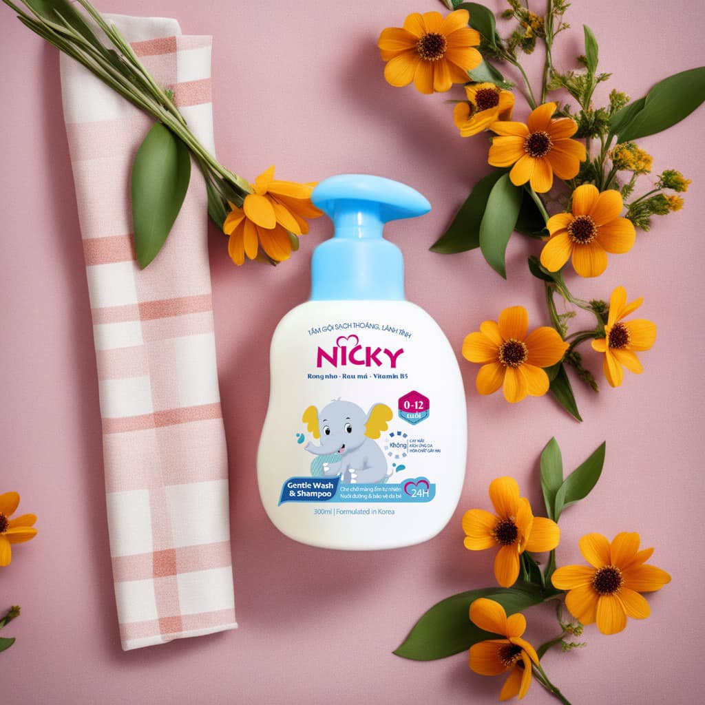 Tắm gội trẻ em Nicky Lành tính - Mềm mượt - Giữ ẩm và Thảo dược tắm gội trẻ em Nicky Rôm bay - Hết sảy - Khỏi hăm da 300