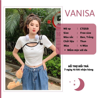 Áo croptop kiểu khoét trước tay ngắn thun trắng đen trắng VANISA CT059