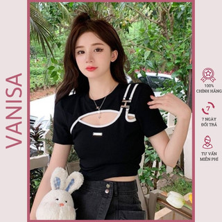 Áo croptop kiểu khoét trước tay ngắn thun trắng đen trắng VANISA CT059