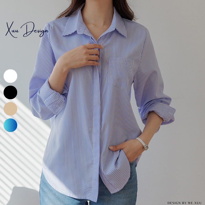 Áo Sơ Mi Nữ Kẻ Xanh form rộng Unisex Xuu Design thiết kế dài tay giấu ...