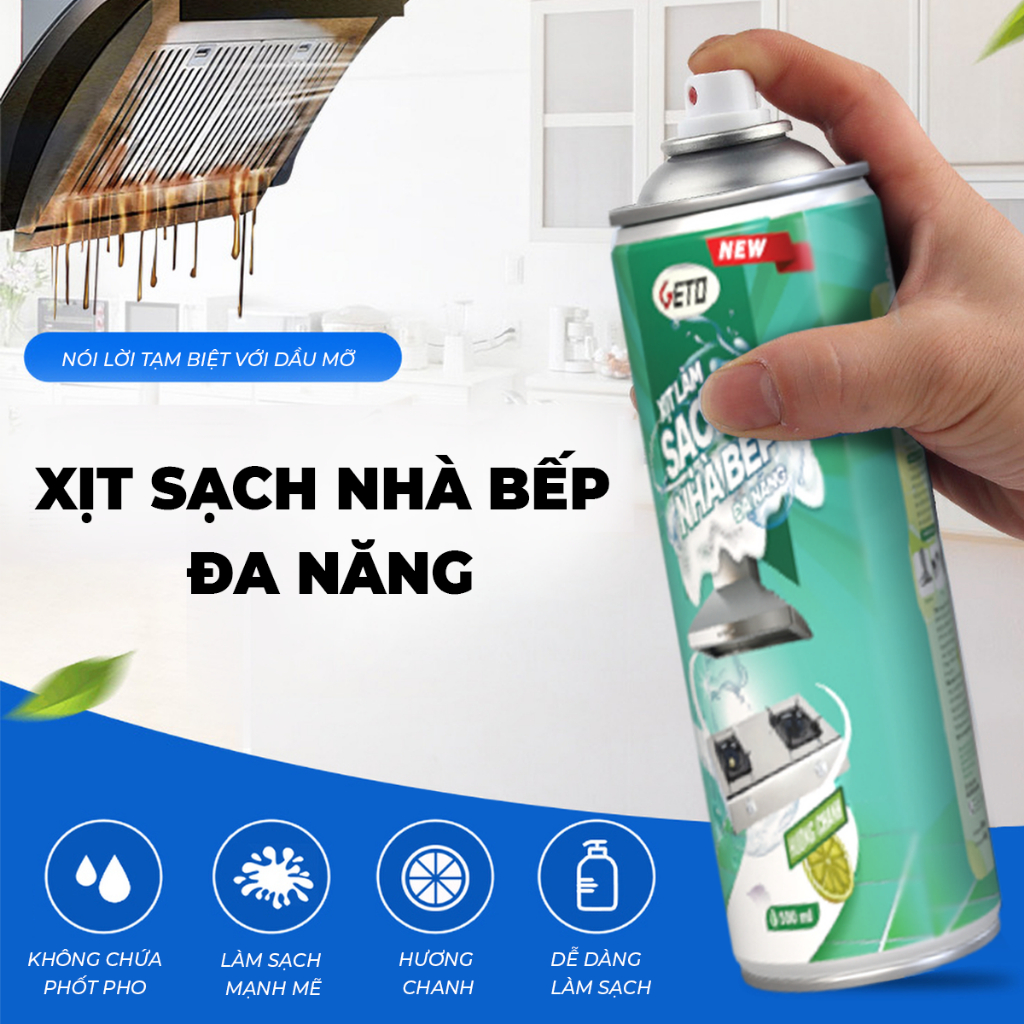 Ảnh Bình xịt tẩy dầu mỡ nhà bếp GETO 500ml đánh bay vết bẩn cứng đầu trên xoong nồi, tường gạch, lưới máy hút mùi 1