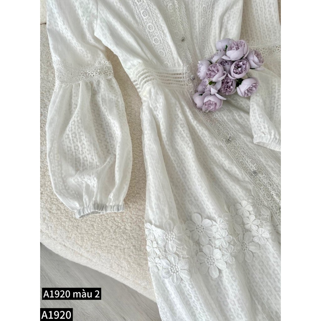 Đầm maxi thô ren dài tay cổ V A1920
