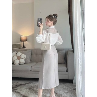Set váy nữ thời trang thiết kế áo lụa váy tuyết mưa cổ sơ mi áo dài tay chân váy dài sang trọng nhẹ nhàng
