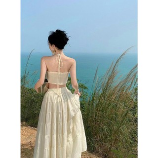 Set váy nữ thời trang thiết kế chất xốp nhún mặc đi biển - đi dạo áo ngắn dâ cổ váy dài xòe nhẹ nhàng