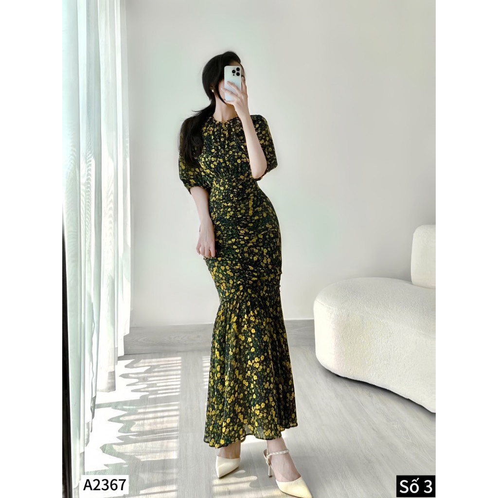 Đầm maxi đuôi cá 2 màu hoa đỏ, vàng A2367