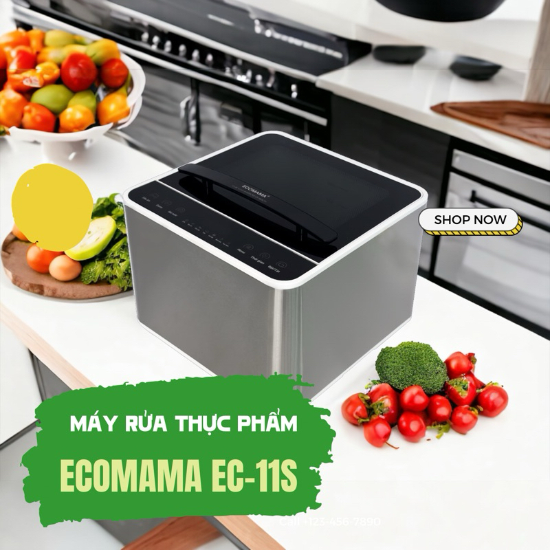Máy Rửa Thực Phẩm EC-11S ECOMAMA Công Nghệ Siêu Âm, Ozone, UV và Tuần hoàn nước Tác Dụng Khử Độc, Tiệt Trùng
