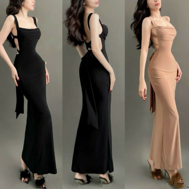 Đầm body  dáng đuôi cá dài đan dây cột nơ sau lưng siêu tôn dáng - thun ladong