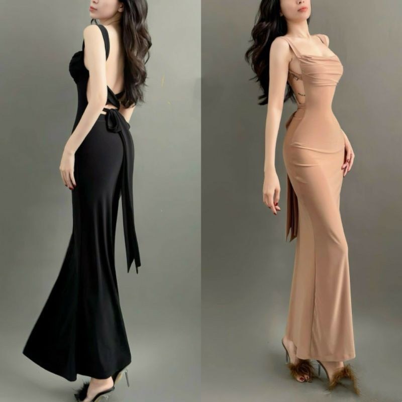 Đầm body  dáng đuôi cá dài đan dây cột nơ sau lưng siêu tôn dáng - thun ladong