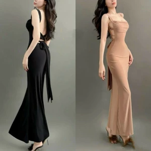 Đầm body dáng đuôi cá dài đan dây cột nơ sau lưng siêu tôn dáng - thun ladong