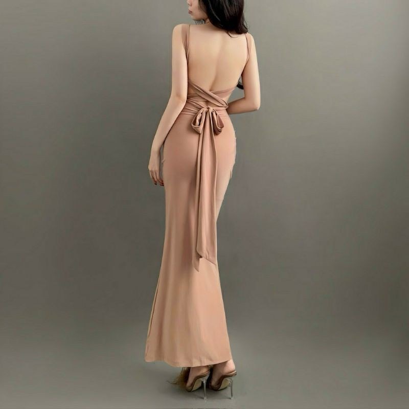 Đầm body  dáng đuôi cá dài đan dây cột nơ sau lưng siêu tôn dáng - thun ladong