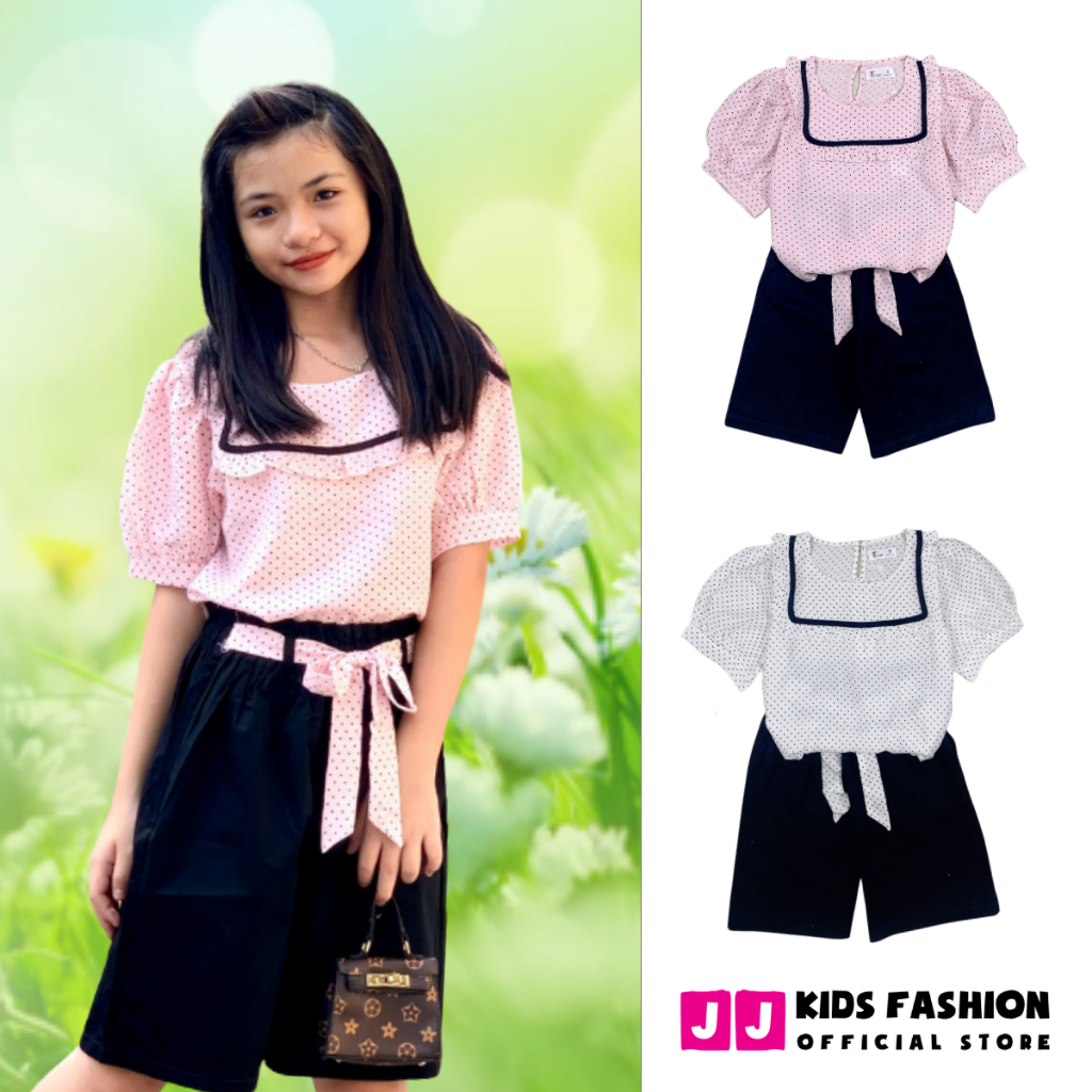 Bộ cộc tay cho bé gái quần kaki lững, áo lụa chấm bi thời trang sang trọng, size đại 25-45kg JJ Kids