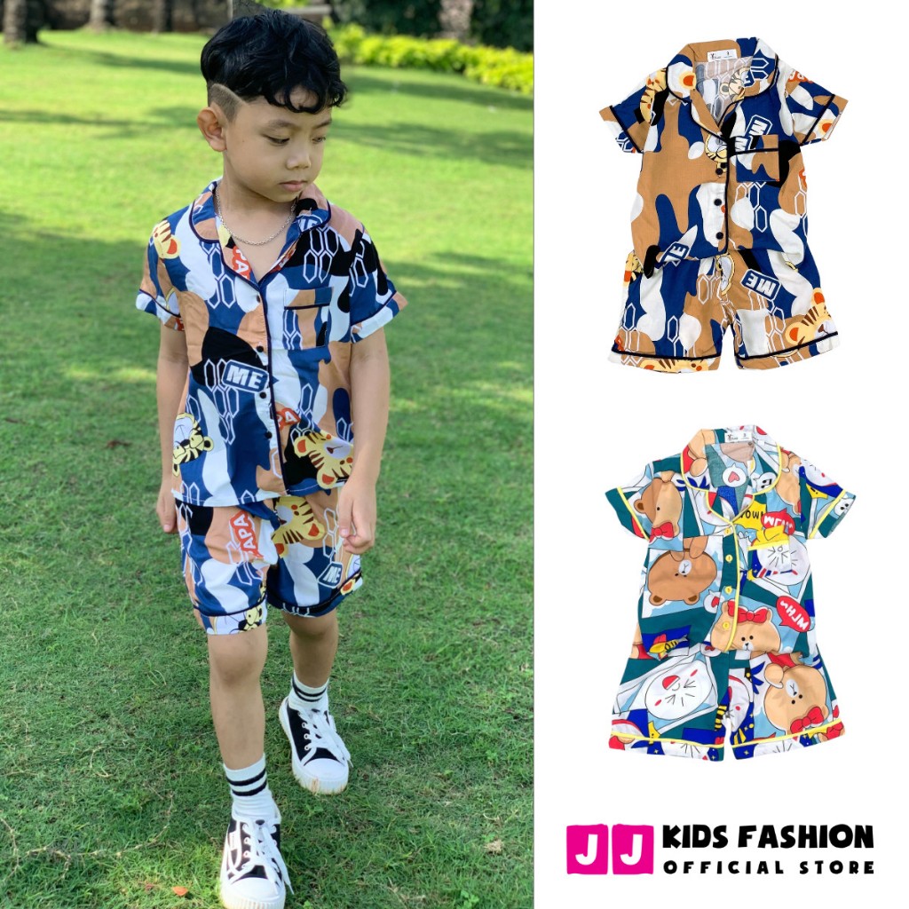 Bộ bé trai mùa hè JJ KIDS Pijama lụa mềm mại, in hình thú dễ thương 2,3,4,5,6,7,8,9,10,11,12 tuổi
