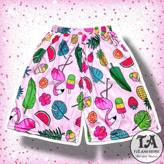 Size 38-85KG Quần Short Lững Hoạt Hình Cartoon Cute hoạ tiết Chim Hồng Hạt - Quần đùi cotton mùa hè nam nữ Unisex