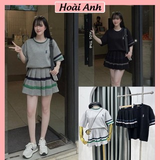 Set Bộ Đồ Nữ Áo Phông Phối Viền Cổ Tay Thêu Ngựa Ngắn Tay Mix Chân Váy Xếp Ly Viền Dây Màu Freesize