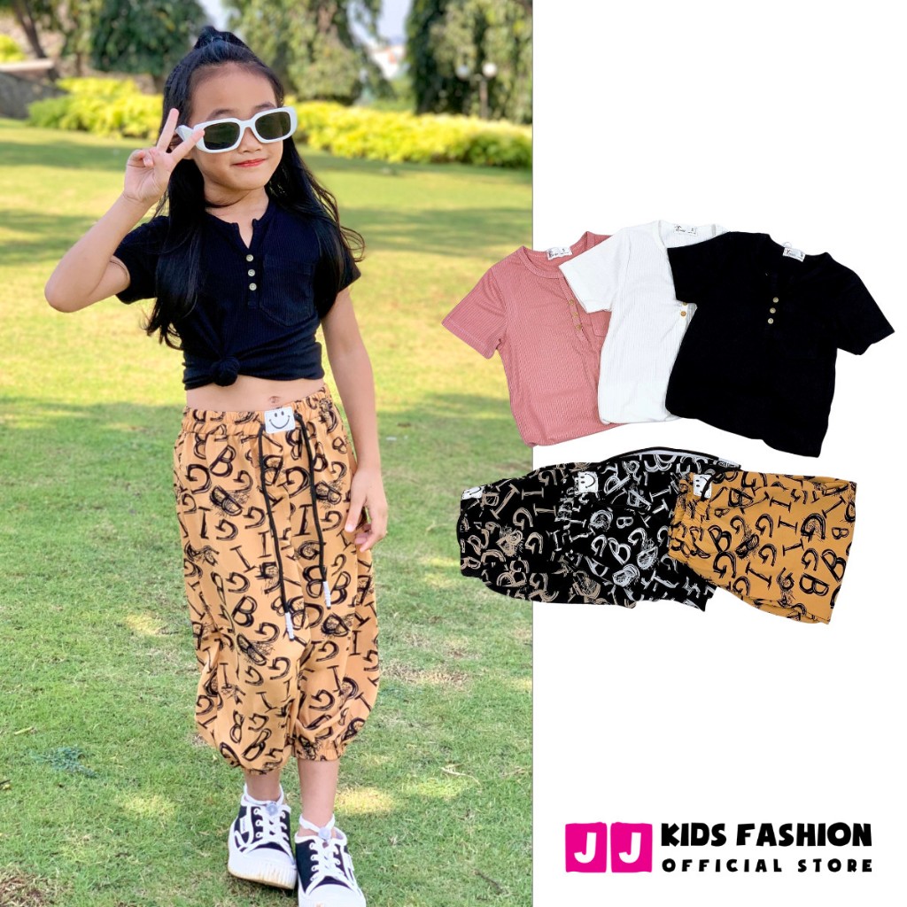 Bộ quần áo bé gái mùa hè JJ Kids chất cotton co giản, thoáng mát cho trẻ em 2 đến 12 tuổi