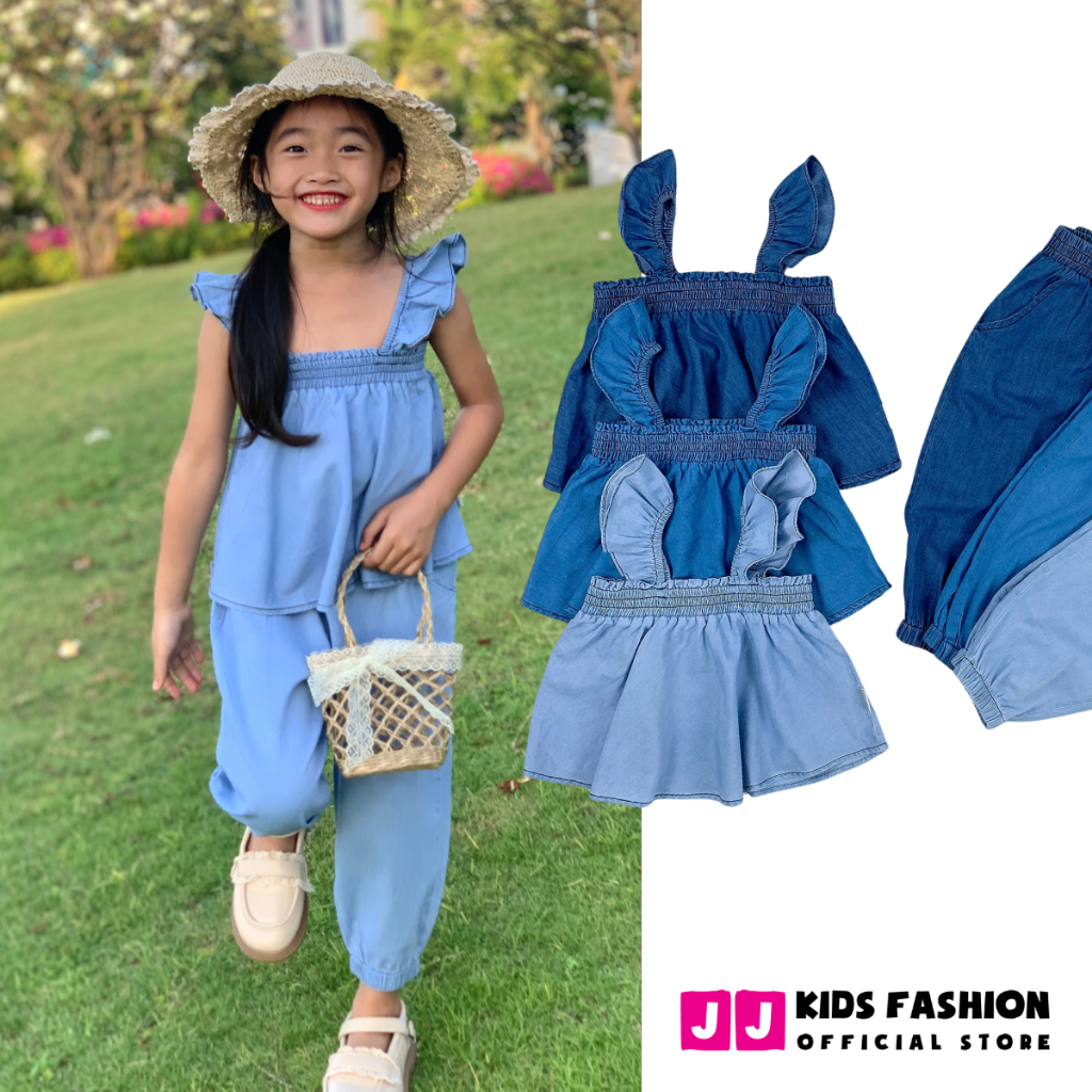 Set Denim Bé Gái tay cánh tiên quần bo ống thời trang cao cấp - BST Xuân 2024 | JJ Kids Fashion