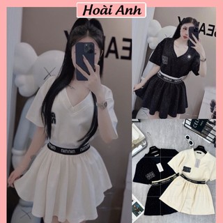 Set Bộ Đồ Nữ Mì Đá Áo Phông Cổ V Miumiu Ngắn Tay Mix Chân Váy Cạp Bo Dệt Freesize