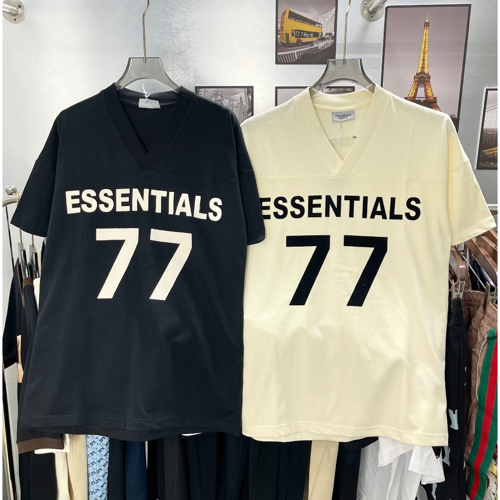 Áo phông nam nữ Premium Cotton cổ tim in nhung nổi chữ Essentials 77 ...