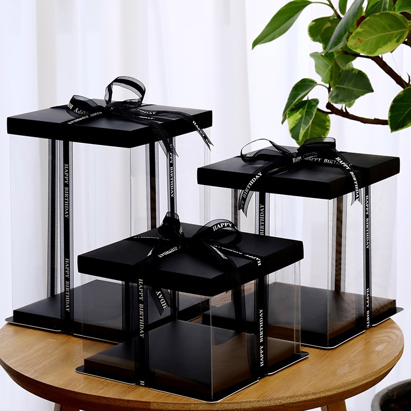 Hộp quà đựng bánh, hộp quà trong suốt đế nắp đen ( kèm dây ruy băng)