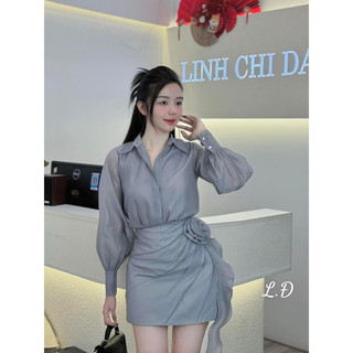Set áo sơ mi dài tay chân váy A kèm hoa voan tơ cao cấp
