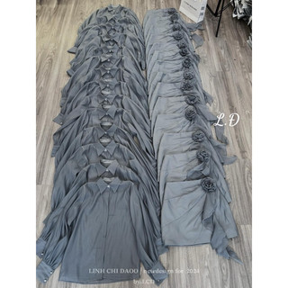 Set áo sơ mi dài tay chân váy A kèm hoa voan tơ cao cấp