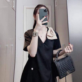 Đầm bầu công sở màu đen nơ vai [VB58]