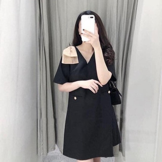 Đầm bầu công sở màu đen nơ vai [VB58]
