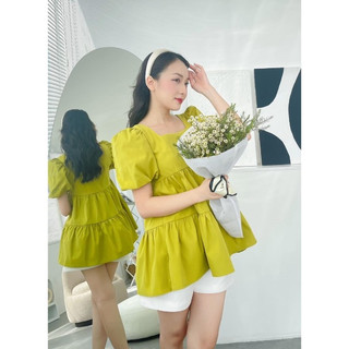 Áo bầu cổ vuông tay bồng 3 tầng màu cốm [AB2]