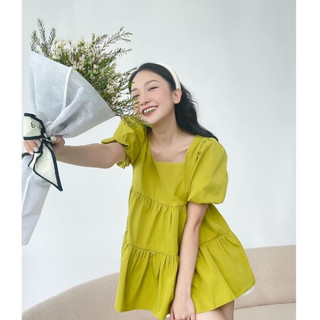 Áo bầu cổ vuông tay bồng 3 tầng màu cốm [AB2]