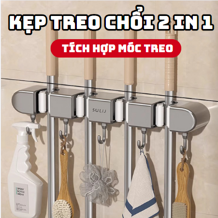 Kẹp treo chổi, cây lau nhà dán tường kèm móc treo siêu chắc, Giá móc treo đồ đa năng dán tường chịu lực cao cấp