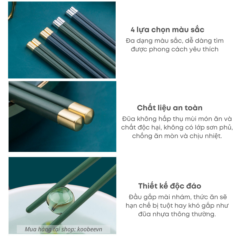 Bộ 5 đôi đũa ăn cơm không mốc xanh Bắc Âu thân tròn mạ vàng KOOBEE chất liệu sợi thủy tinh chịu nhiệt chống trơn | 056