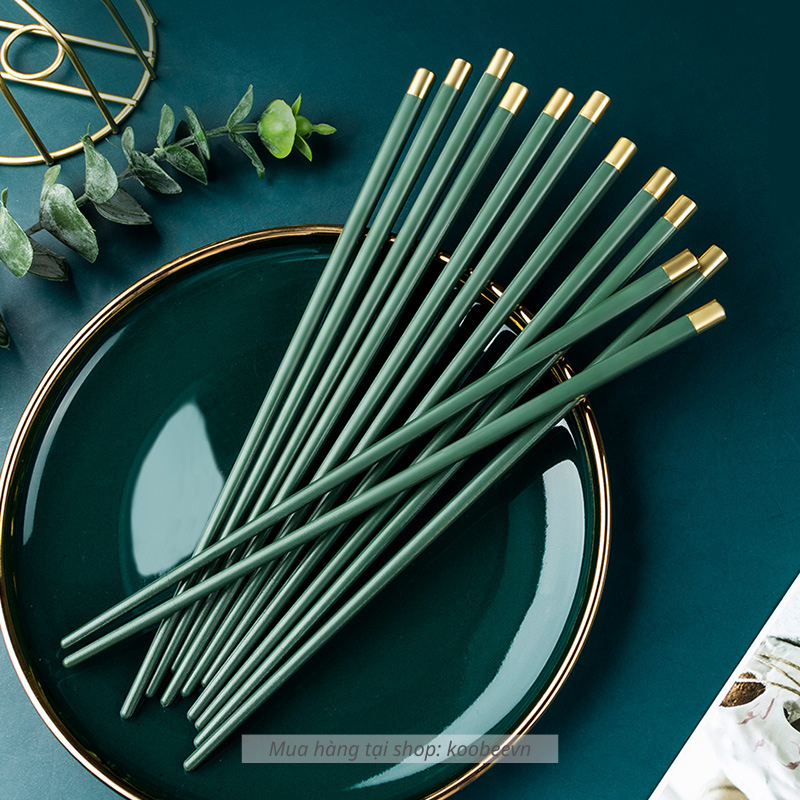 Bộ 5 đôi đũa ăn cơm không mốc xanh Bắc Âu thân tròn mạ vàng KOOBEE chất liệu sợi thủy tinh chịu nhiệt chống trơn | 056