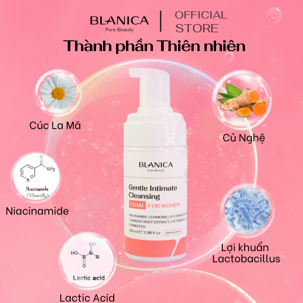 Bọt vệ sinh nữ BLANICA 100ml chiết xuất cúc la mã hỗ trợ cân bằng độ pH và làm dịu da