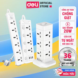 Ổ Cắm Điện Đa Năng 2026 Công sất 2500/3250W DELI Cổng Type C USB Sạc Nhanh 20W Ổ Nhiều Lỗ Cắm Lõi Chống Giật