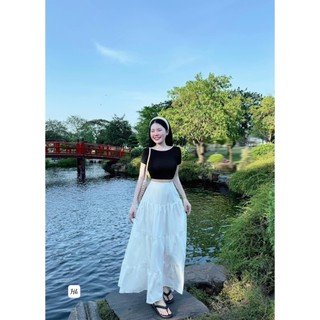 Sét áo thun Đen Hở Lưng MIx Chân Váy Trắng Dáng Dài Nhẹ Nhàng Thướt Tha