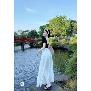 Sét áo thun Đen Hở Lưng MIx Chân Váy Trắng Dáng Dài Nhẹ Nhàng Thướt Tha