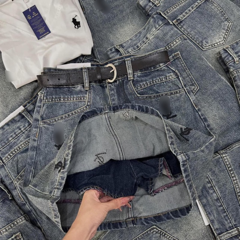 Chân Váy Jeans Cạp Cao Thêu Chữ Y. S. L Siêu Hót, Váy Bò Dày Dặn Dáng Chữ A Không Co Giãn
