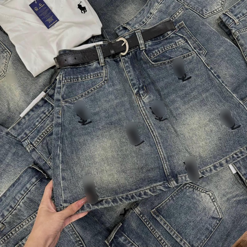 Chân Váy Jeans Cạp Cao Thêu Chữ Y. S. L Siêu Hót, Váy Bò Dày Dặn Dáng Chữ A Không Co Giãn