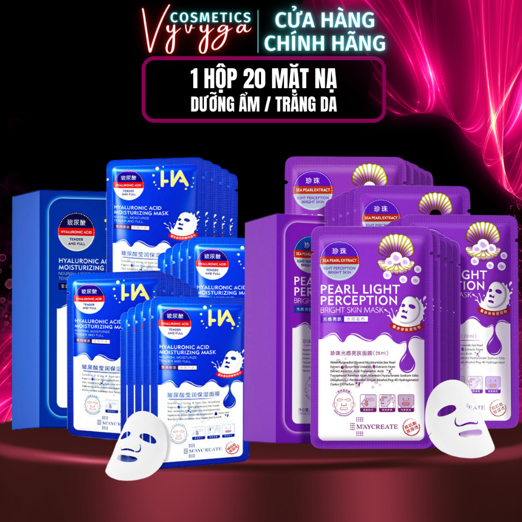 Mặt nạ HA Maycreate Mask dưỡng ẩm trắng da mặt 1 HỘP 20 Miếng mặt nạ ...