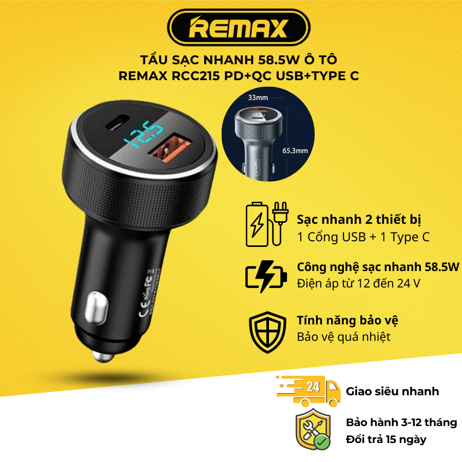 Tẩu sạc nhanh công suất 58.5W 2 cổng USB+Type C dành cho ô tô REMAX ...