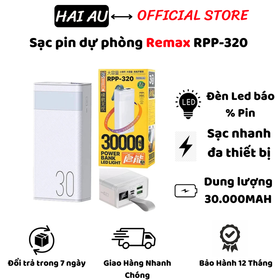 Pin sạc dự phòng 30000mAh 22.5W Remax RPP-320 ,Sạc Nhanh PD 20W, Đèn ...