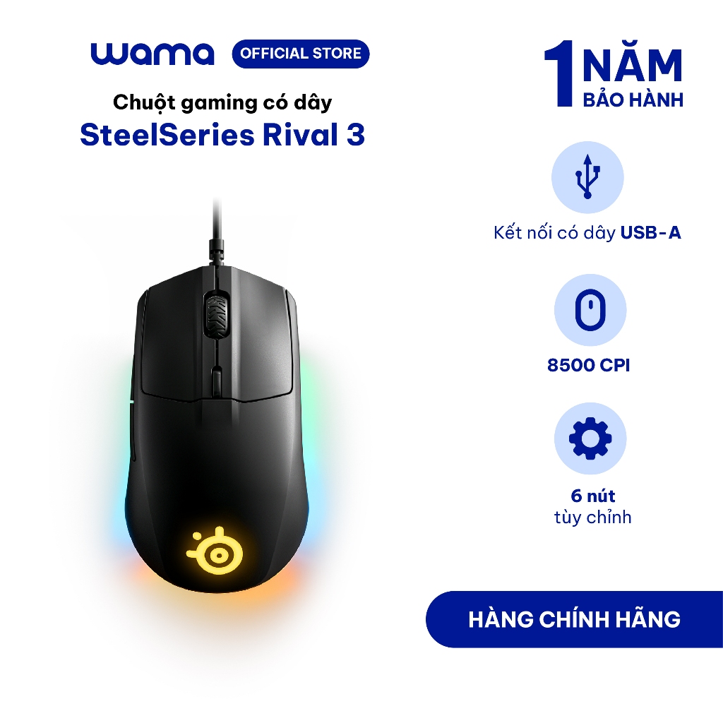 Chuột gaming có dây SteelSeries Rival 3 màu đen 77g, đèn RGB, 6 nút ...