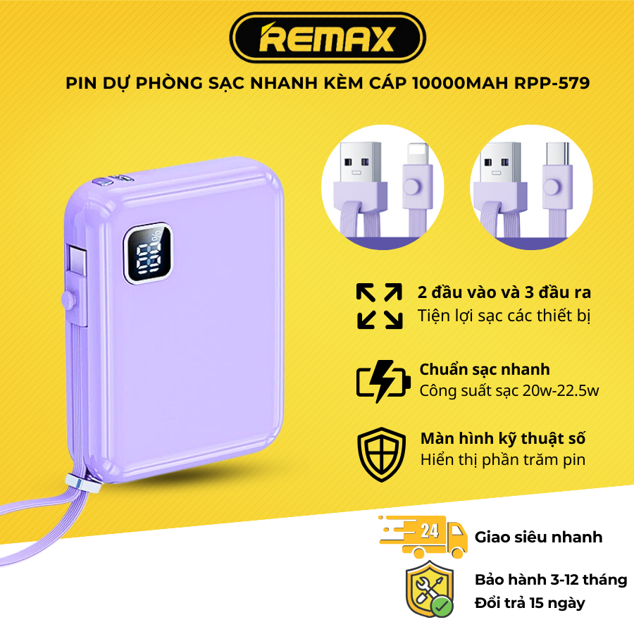 Pin dự phòng 10000mAH Remax RPP-579 SẠC NHANH 20W & 22.5W kèm 2 đầu cáp ...