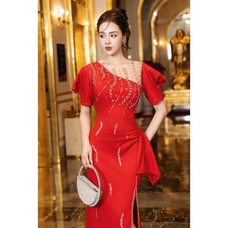 Đầm dạ hội, đầm dự tiệc trung niên thiết kế tay con phối lưới đính pha lê cao cấp