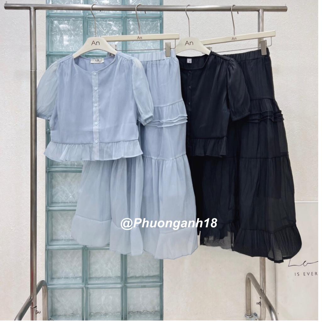 Set áo Ngắn Tay váy voan tơ lai bèo kèm chân váy Tầng Dáng Dài Xòe Nhẹ Nhàng