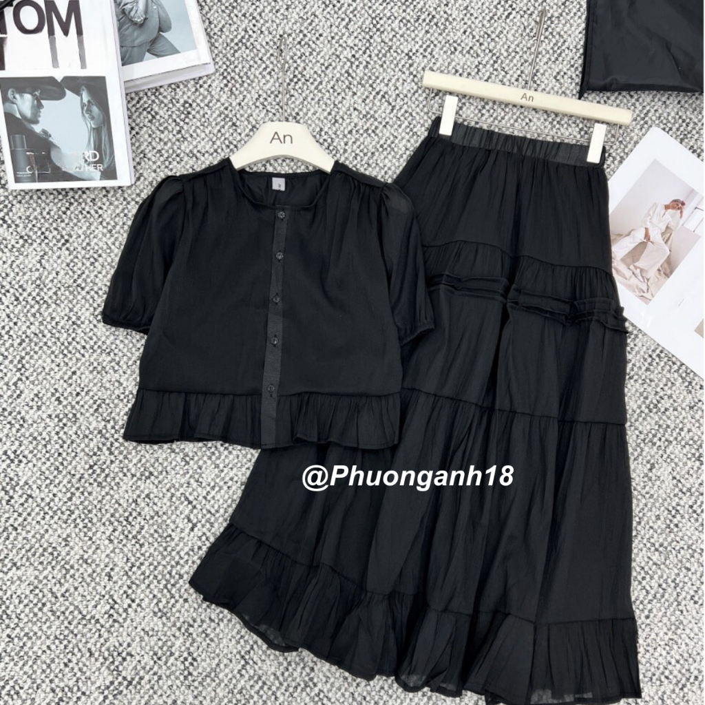 Set áo Ngắn Tay váy voan tơ lai bèo kèm chân váy Tầng Dáng Dài Xòe Nhẹ Nhàng