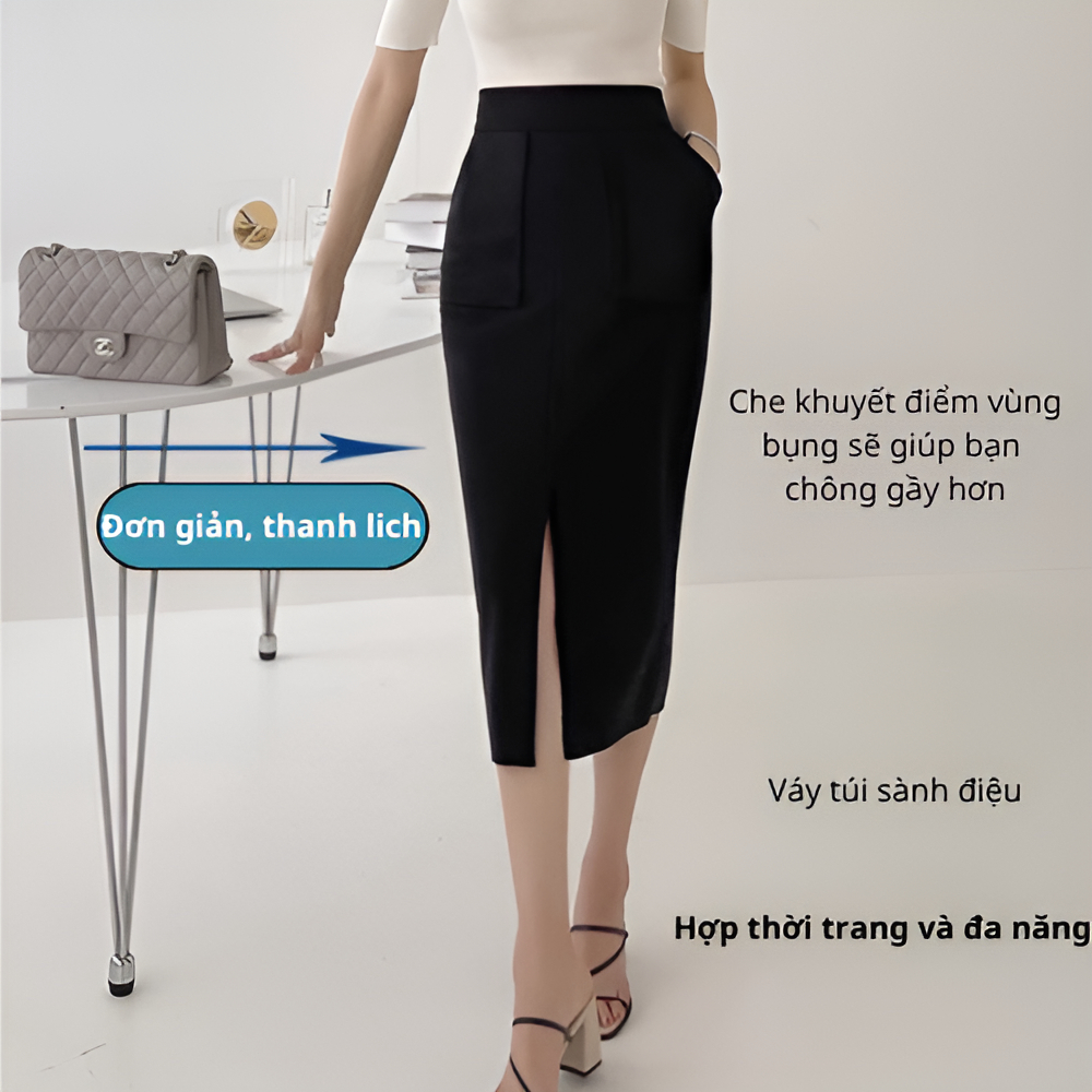 Chân Váy Thiết Kế Bút Chì Sẻ Trước Phối Túi Che Khuyết Điểm Bụng Thời Trang Công Sở 2024_Váy Dài 70cm_2 Lớp_CV114SNT